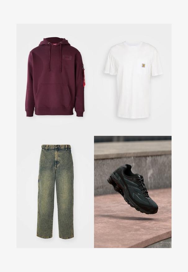 Bordeaux hoodie van zacht materiaal, met een voorklepzak, verstelbare trekkoordcapuchon en een zijritszak met een accent van een rode tag.; Witte katoenen t-shirt met korte mouwen, een borstzak en een klein vierkant logo-opdruk in oranje en wit op de zak.; Baggy denim jeans in een vervaagde blauwe en groene was. Heeft een knoopsluiting, riemlussen en zijzakken. Vlakke voorkant en rechte pijpen.; Zwarte atletische sneaker met zichtbare luchtgeveerde tussenzool die boven een roze stenen oppervlak zweeft met een grijze stenen muur op de achtergrond.