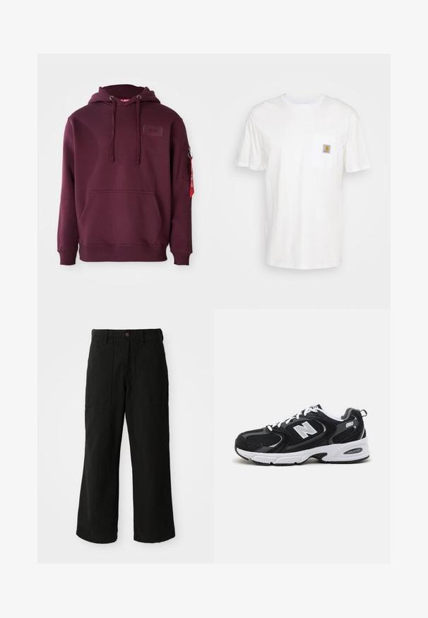 Bordeaux hoodie van zacht materiaal, met een voorklepzak, verstelbare trekkoordcapuchon en een zijritszak met een accent van een rode tag.; Witte katoenen t-shirt met korte mouwen, een borstzak en een klein vierkant logo-opdruk in oranje en wit op de zak.; Zwarte wijde broek van zachte stof, met voorzakken en een knoopsluiting in de taille. Minimalistisch ontwerp zonder zichtbare patronen.; Zwarte en grijze sport schoenen met een bovenwerk van mesh en suede, voorzien van een witte tussenzool, veters en een gedurfde "N"-logo aan de zijkant.