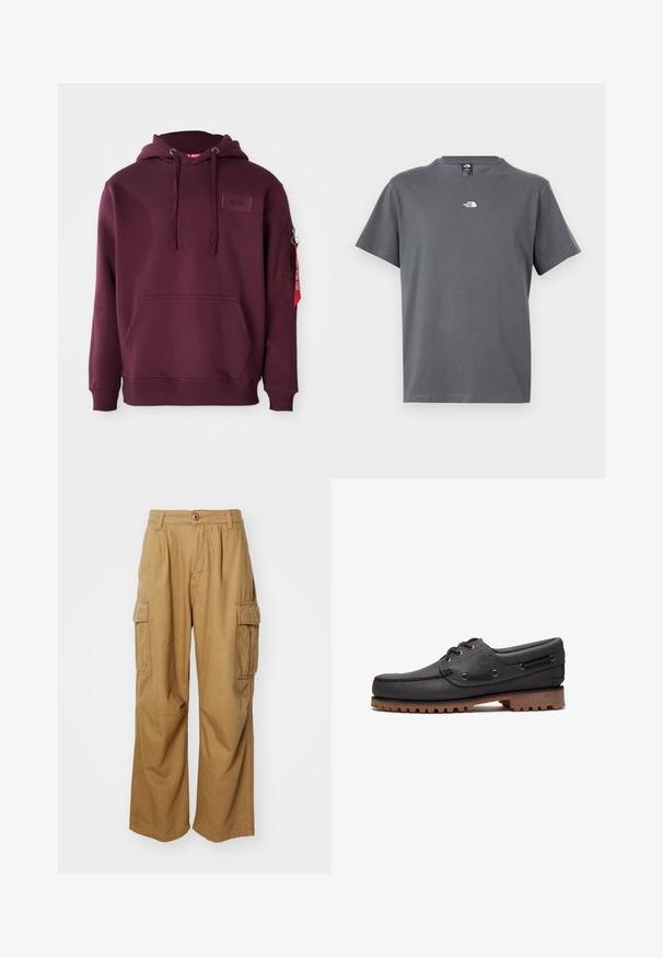 Bordeaux hoodie van zacht materiaal, met een voorklepzak, verstelbare trekkoordcapuchon en een zijritszak met een accent van een rode tag.; Grijs T-shirt met korte mouwen en ronde hals, met een klein wit The North Face-logo gecentreerd op de borst.; Tan cargobroeken met een rechte pijpdesign, voorzien van twee zijzakken en een knoopsluiting. Gemaakt van een zachte, duurzame stof.; Zwart leren bootschoen met veters, ronde neus, gestructureerde bruine rubberen zool en gestikte leren zijkanten.