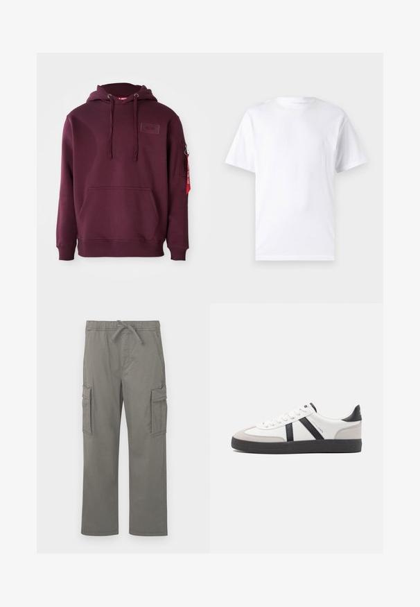 Bordeaux-hoodie i blødt stof, med en frontlomme, justerbar snørehætte og en sidelomme med lynlås med en rød mærkeaccent.; Hvid kortærmet t-shirt lavet af bomuld med rund hals, der har en glat tekstur og et simpelt design uden mønstre eller accenter.; Grå cargo bukser med lige ben, elastisk talje, binding, sidelommer med klap og forlommer præsenteret på en hvid baggrund.; Hvide sneakers med sorte og grå detaljer, med en tekstureret grå tåhætte, sort gummisål og flade hvide snørebånd. Rent design, minimalistisk stil.
