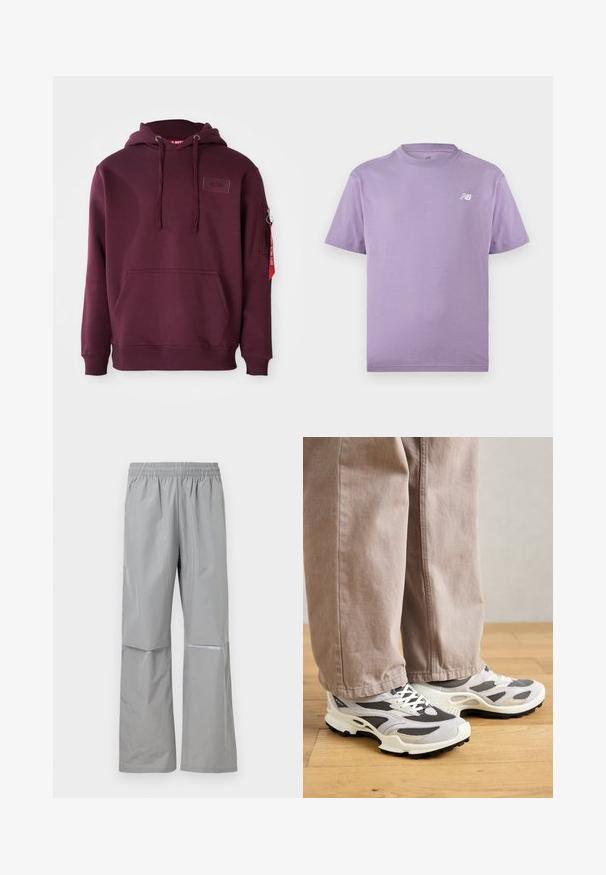 Bordeaux hoodie van zacht materiaal, met een voorklepzak, verstelbare trekkoordcapuchon en een zijritszak met een accent van een rode tag.; Lila katoenen t-shirt met korte mouwen, ronde halslijn en een klein wit logo op de linkerborst. Gladde textuur, casual pasvorm.; Lichtgrijze waterdichte regenbroek met elastische tailleband en reflecterende strip aan de rechterpijp, ontworpen voor buitengebruik.; Persoon in beige wijde broek en grijs-witte sport sneakers staat op houten vloer.