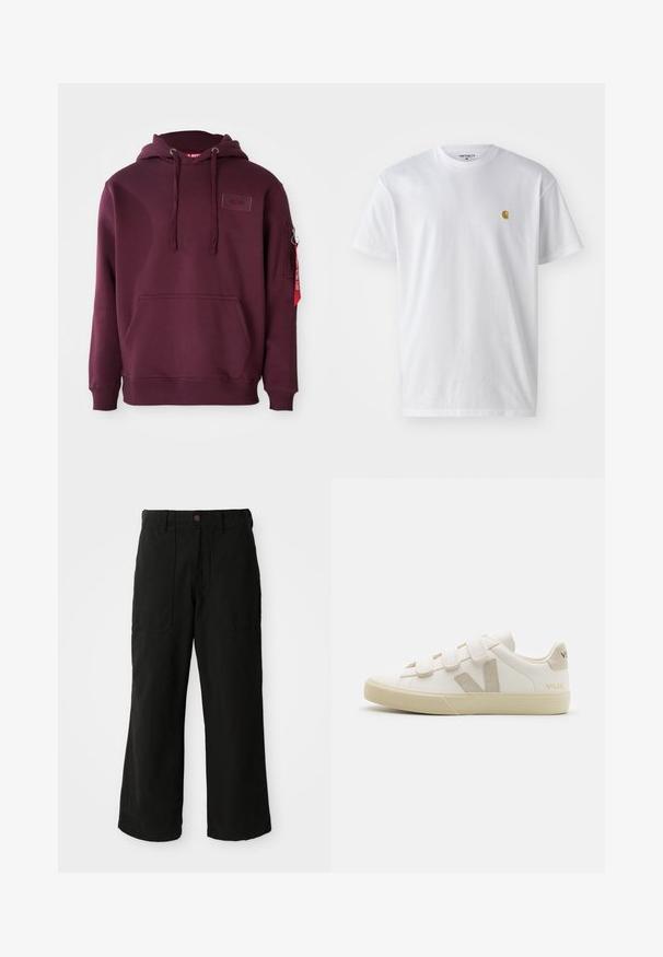 Bordeaux hoodie van zacht materiaal, met een voorklepzak, verstelbare trekkoordcapuchon en een zijritszak met een accent van een rode tag.; Witte katoenen t-shirt met korte mouwen en ronde hals, voorzien van een klein gouden logo op de linkerkant van de borst. Zachte textuur en een normale pasvorm.; Zwarte wijde broek van zachte stof, met voorzakken en een knoopsluiting in de taille. Minimalistisch ontwerp zonder zichtbare patronen.; Witte leren sneakers met klittenbandsluitingen, beige accenten, ronde neus, gestructureerde rubberen zool en reliëflogo. Minimalistisch ontwerp.