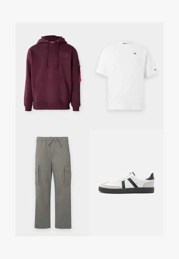 Burgunderfarbener Hoodie aus weichem Material, ausgestattet mit einer Fronttasche, einer verstellbaren Kordelzugkapuze und einer seitlichen Reißverschlusstasche mit einem roten Etikett-Detail.; Weißes Baumwoll-T-Shirt mit kurzen Ärmeln, Rundhalsausschnitt und einem kleinen schwarzen Logo auf der linken Brust und dem rechten Ärmel.; Graue gerade Cargo-Hosen mit elastischem Bund, Kordelzug, seitlichen Klappentaschen und vorderen Schrägtaschen auf einem weißen Hintergrund.; Weiße Sneaker mit schwarz- und grau-aczenten, ausgestattet mit einer strukturierten grauen Zehenkappe, schwarzer Gummi-Sohle und flachen weißen Schnürsenkeln. Sauberes Design, minimalistische Stil.