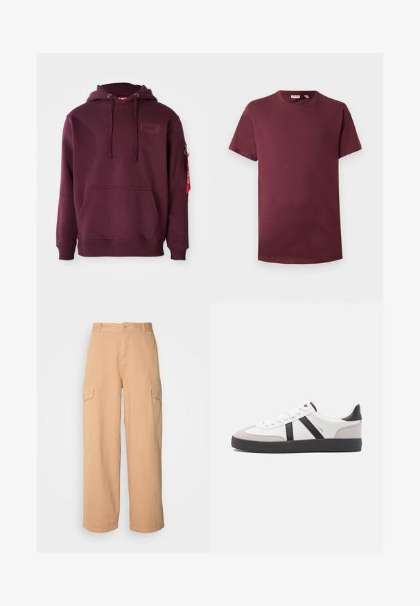Burgundin huppari pehmeästä kankaasta, jossa on etutasku, säädettävä naruhuppu ja sivuvetoketjutasku punaisella tarrapainatuksella.; Burgundy crew neck t-paita pehmeästä puuvillasta, lyhyet hihat, klassinen malli, suora helma ilman kuvioita tai varusteita.; Kerman leveleg cargo-yhousut, jotka on valmistettu kevyestä kankaasta. Niissä on kaksi sivutaskua ja nappikiinnitys vyötäröllä. Pehmeä tekstuuri.; Valkoiset lenkkarit mustilla ja harmailla yksityiskohdilla, joissa on teksturoitu harmaa kärki, musta kumipohja ja litteät valkoiset nauhat. Siisti muotoilu, minimalistinen tyyli.