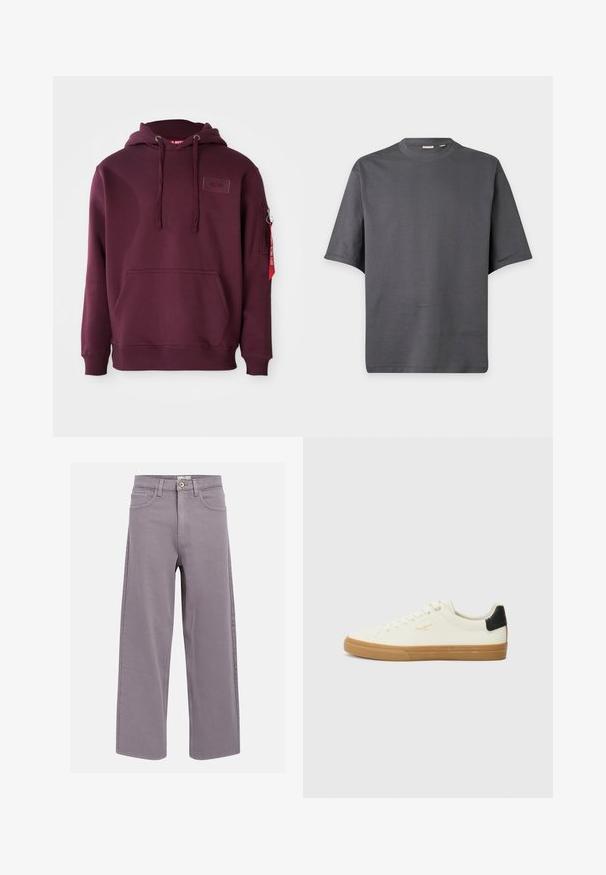 Bordeaux hoodie van zacht materiaal, met een voorklepzak, verstelbare trekkoordcapuchon en een zijritszak met een accent van een rode tag.; Donkergrijze T-shirt met korte mouwen en ronde hals, effen ontwerp en een gladde stoftextuur.; Rechtemodel spijkerbroek in lavendelgrijs met voor- en achterzakken, riemlussen en een knoopsluiting bij de taille.; Witte canvas sneaker met een gum rubberen zool, zwart accent op de hiel, ronde neus en vetersluiting. Bevat het merlogo in goud aan de zijkant.