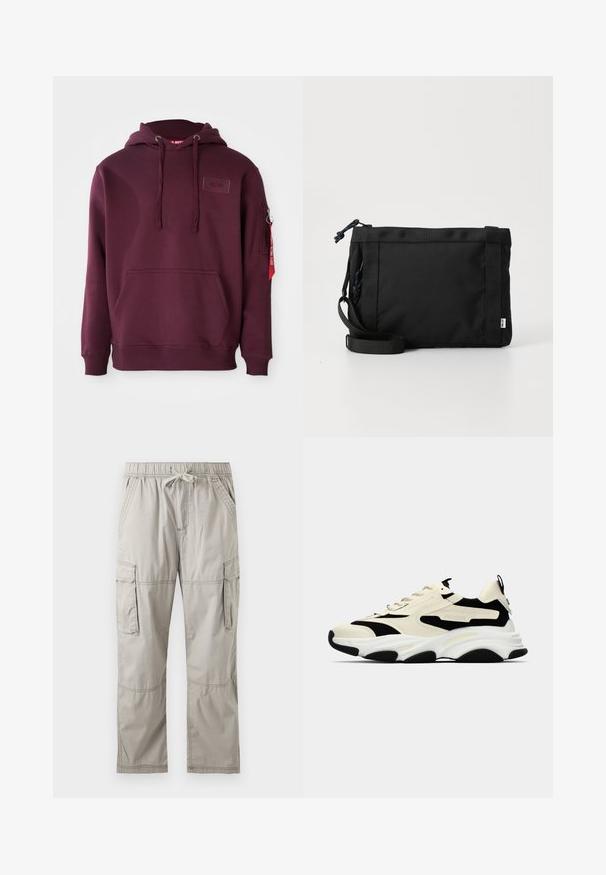 Bordeaux hoodie van zacht materiaal, met een voorklepzak, verstelbare trekkoordcapuchon en een zijritszak met een accent van een rode tag.; Lichtgrijze cargobroek met elastische taille, trekkoord, zijzakken en klepzakken op de dijen, plat neergelegd op een witte achtergrond.; Chunky sneakers met een crèmekleurige bovenkant, zwarte accenten en structuurpanelen. Voorzien van een dikke witte zool en een zwarte rubberen buitenzool voor grip.; Zwarte stoffen schoudertas met een gestructureerde buitenkant, verstelbare schouderband en trekkoordsluiting. Voorzien van gedurfde stiksels en een zijlabel.