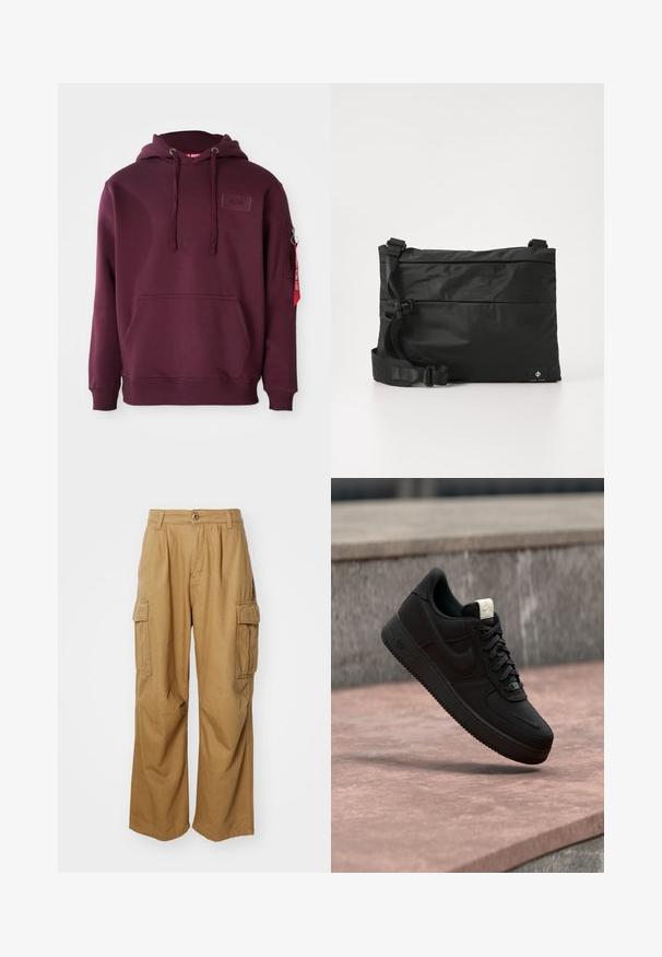Bordeaux hoodie van zacht materiaal, met een voorklepzak, verstelbare trekkoordcapuchon en een zijritszak met een accent van een rode tag.; Tan cargobroeken met een rechte pijpdesign, voorzien van twee zijzakken en een knoopsluiting. Gemaakt van een zachte, duurzame stof.; Zwarte Nike Air Force 1 sneaker die boven een roze betonnen richel zweeft met een grijze stenen achtergrond, met zij- en bovenzijde details.; Zwarte nylon boodschappentas met verstelbare riem, plat ontwerp en een zijlabel met een logo. Soepele textuur en minimalistische stijl.
