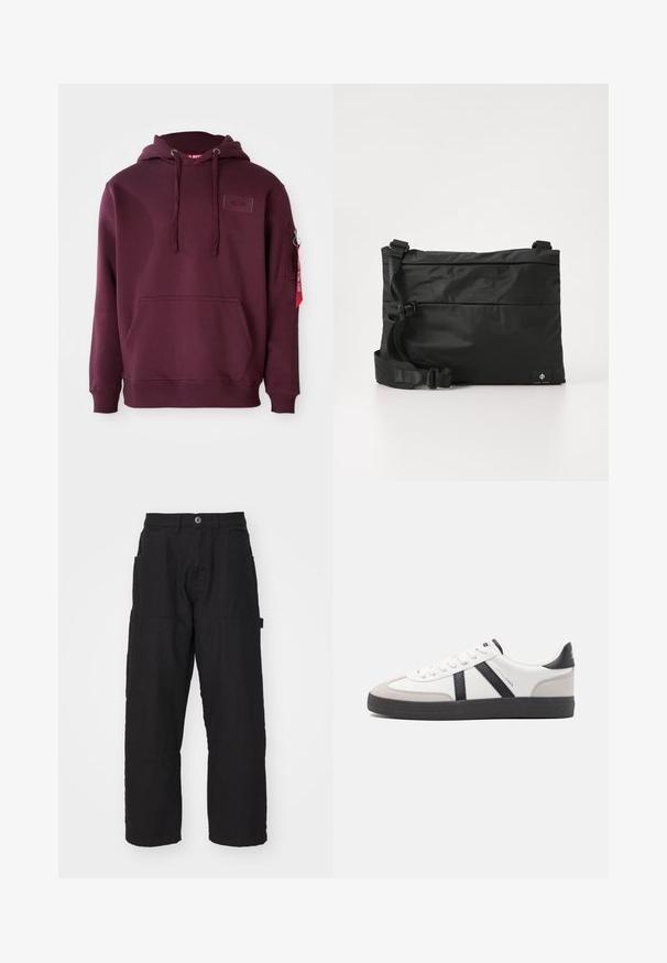 Bordeaux hoodie van zacht materiaal, met een voorklepzak, verstelbare trekkoordcapuchon en een zijritszak met een accent van een rode tag.; Zwarte cargobroek met een rechte snit, voorzien van meerdere zakken en een knoopsluiting. Gemaakt van duurzame katoenstof met zichtbare stiksels.; Witte sneaker met zwarte en grijze accenten, voorzien van een grijze neus met textuur, zwarte rubberen zool en platte witte veters. Schoon ontwerp, minimalistische stijl.; Zwarte nylon boodschappentas met verstelbare riem, plat ontwerp en een zijlabel met een logo. Soepele textuur en minimalistische stijl.