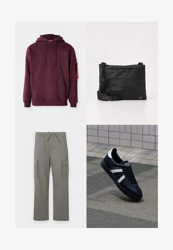 Burgunderfarbener Hoodie aus weichem Material, ausgestattet mit einer Fronttasche, einer verstellbaren Kordelzugkapuze und einer seitlichen Reißverschlusstasche mit einem roten Etikett-Detail.; Graue gerade Cargo-Hosen mit elastischem Bund, Kordelzug, seitlichen Klappentaschen und vorderen Schrägtaschen auf einem weißen Hintergrund.; Schwarze Leder-Sneaker mit weißen Streifen, strukturiertem Gummisohle und Schnürung. Verfügt über ein Markenetikett auf der Zunge.; Schwarze Nylon-Umhängetasche mit verstellbarem Riemen, flachem Design und seitlichem Etikett mit Logo. Glatte Textur und minimalistischer Stil.