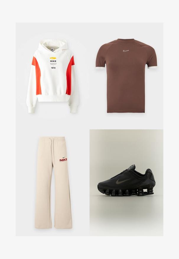 Sudadera blanca con acentos rojos, capucha con cordón y gráfico frontal. Presenta un logo y texto en el pecho. Tejido suave, puños y dobladillo de canalé.; Camisa marrón de manga corta hecha de tela suave con un cuello alto y detalles blancos en los puños de las mangas, con un pequeño logotipo en el pecho.; Pantalones deportivos beige sueltos con cintura elástica y cordones, con el logo rojo y negro de Nike Athletic Club en el muslo izquierdo.; Zapatilla negra Nike con parte superior con cremallera y suela distintiva segmentada en forma de resorte, mostrada de perfil sobre un fondo neutro.