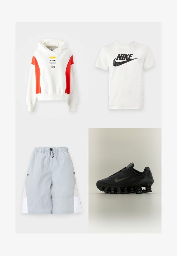 Sudadera blanca con acentos rojos, capucha con cordón y gráfico frontal. Presenta un logo y texto en el pecho. Tejido suave, puños y dobladillo de canalé.; Camiseta blanca de manga corta con logo negro de Nike y swoosh centrados en el pecho sobre un fondo liso.; Pantalones cortos deportivos de color gris claro con paneles laterales blancos, cinturilla elástica y cordón negro, mostrados sobre un fondo liso.; Zapatilla negra Nike con parte superior con cremallera y suela distintiva segmentada en forma de resorte, mostrada de perfil sobre un fondo neutro.