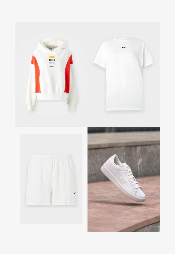 Witte hoodie met rode accenten, trekkoordcapuchon en voorzijde met graphic. Bevat een logo en tekst op de borst. Zacht materiaal, ribbelboorden en -zoom.; Witte korte mouwen crew neck T-shirt met een klein zwart Nike swoosh-logo gecentreerd onder de ronde hals.; Witte atletische korte broek met elastische tailleband en zwart Nike-swooshlogo op het linkerbeen, afgebeeld op een effen achtergrond.; Witte Nike lage sneaker met veters, hangend boven een betonnen richel tegen een grijze stenen achtergrond buiten.