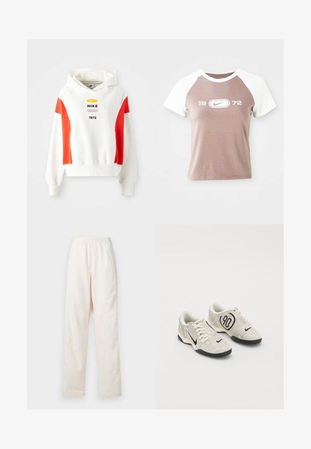 Sudadera blanca con acentos rojos, capucha con cordón y gráfico frontal. Presenta un logo y texto en el pecho. Tejido suave, puños y dobladillo de canalé.; Camiseta de manga corta con un cuerpo de color marrón claro y mangas raglán blancas, que presenta un gran logotipo gráfico blanco y el año "1972" centrado en el frente.; Pantalones de color crema con cintura elástica y corte de pierna recta, de ajuste suelto, exhibidos sobre un fondo blanco liso.; Zapatillas Nike con un upper texturizado en beige y gris, acentos negros, un gran logo de "90" y un cierre de cordones blancos. Suela negra.