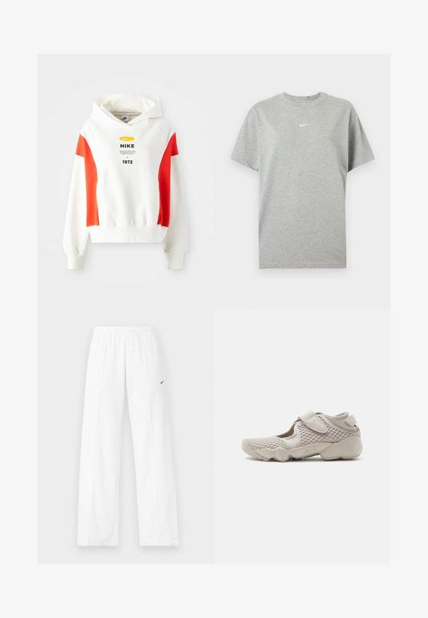 Sudadera blanca con acentos rojos, capucha con cordón y gráfico frontal. Presenta un logo y texto en el pecho. Tejido suave, puños y dobladillo de canalé.; Camiseta gris de algodón de manga corta con cuello redondo y pequeño logo blanco de Nike swoosh centrado en el pecho.; Pantalones deportivos blancos con cintura elástica y el logo negro de Nike en el muslo izquierdo, mostrados sobre un fondo liso.; Zapatilla deportiva beige clara con parte superior de malla, correa ajustable y suela acolchada con la etiqueta "AIR", mostrada de perfil sobre fondo blanco.