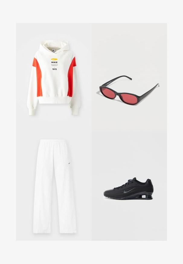 Sudadera blanca con acentos rojos, capucha con cordón y gráfico frontal. Presenta un logo y texto en el pecho. Tejido suave, puños y dobladillo de canalé.; Pantalones deportivos blancos con cintura elástica y el logo negro de Nike en el muslo izquierdo, mostrados sobre un fondo liso.; Zapatillas Nike negras con parte superior texturizada, diseño elegante, cierre de cordones y unidad de aire visible en el talón. Detalle de marca minimalista.; Gafas de sol ovaladas negras con varillas delgadas y lentes tintados de rojo descansando sobre una superficie blanca.