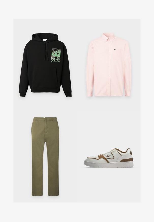 Sweat à capuche noir avec poche avant et graphique vert d'un court de tennis et d'arbres, avec l'inscription "Lacoste Tennis Heritage" sur la poitrine.; Chemise rose clair à manches longues avec boutons, poche poitrine et petit logo de crocodile vert sur la poche.; Pantalon en coton léger de couleur vert olive avec une taille élastiquée, une fermeture à boutons, et une coupe droite. Pas de motifs ou accents visibles.; Baskets basses blanches et marron avec lacets à l'avant, logo crocodile Lacoste sur le côté et semelle blanche épaisse avec le nom de la marque embossé.