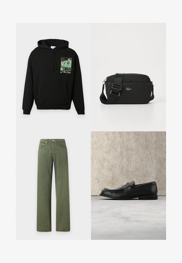 Zwarte hoodie met een buidel en een groen grafisch ontwerp van een tennisbaan en bomen, met de tekst "Lacoste Tennis Heritage" op de borst.; Olijfgroene jeans met wijde pijpen, gemaakt van katoen met een gladde textuur. Voorzien van vijf zakken en een sluiting met metalen knoop.; Zwarte leren loafer met een metalen merktekenplaatje, rustend bij een bruine ronde tafel op een beige tapijtvloer.; Zwarte crossbody tas van textuurstof, met een ritsluiting, verstelbare schouderband en een zilveren Lacoste-logo aan de voorkant.
