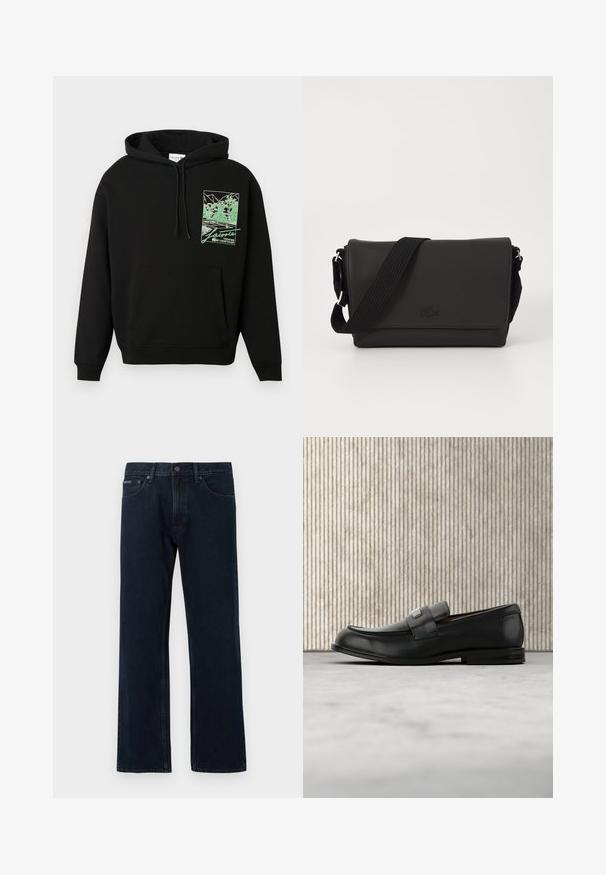 Sweat à capuche noir avec poche avant et graphique vert d'un court de tennis et d'arbres, avec l'inscription "Lacoste Tennis Heritage" sur la poitrine.; Jean droit bleu foncé avec fermeture à bouton et zip à l'avant, poches avant, et passants pour ceinture.; Mocassin en cuir noir avec une plaque de marque en métal reposant près d'une table ronde marron sur un sol recouvert de moquette beige.; Lacoste MESSENGER BAG MEN CLASSIC - Sac bandoulière - noir