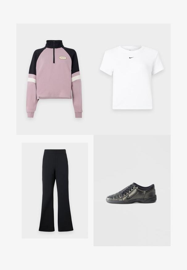 Lilla cropped pullover med sort krave og ærmeaccentuer. Har en halv lynlås og Roxy-logo i guld på brystet. Blød tekstur.; Hvid Nike cropped T-shirt med korte ærmer og en lille sort Nike swoosh-logo centreret under nakkekanten.; Sorte flared bukser lavet af blødt stof med elastisk talje og en diskret sidelomme, der har en glat tekstur og minimalistisk design.; Sort lavtop Nike-sneaker med snørebånd, syet detaljering og en tekstureret sål imod en simpel hvid baggrund.