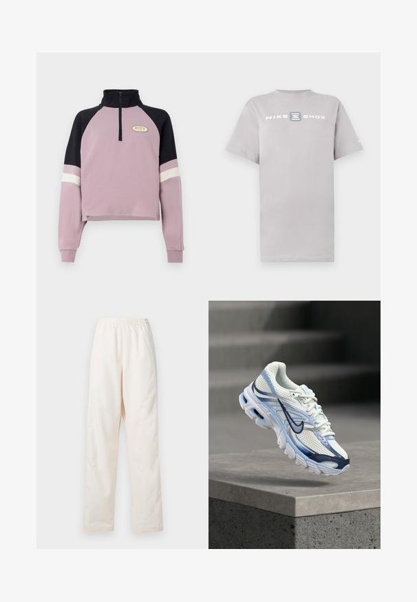 Paarse cropped pullover met een zwarte kraag en accenten op de mouwen. Voorzien van een halve rits en het Roxy-logo in goud op de borst. Zachte textuur.; Lichtgrijs katoenen T-shirt met een ronde hals en korte mouwen, met "NIKE SHOX" in dikke witte letters gedrukt over de borst.; Loszittende, crèmekleurige broek met elastische taille en een rechte pijp, weergegeven tegen een effen witte achtergrond.; Witte en lichtblauwe sportschoen met donkerblauwe swoosh-logo, zwevend boven een grijze betonnen blok.