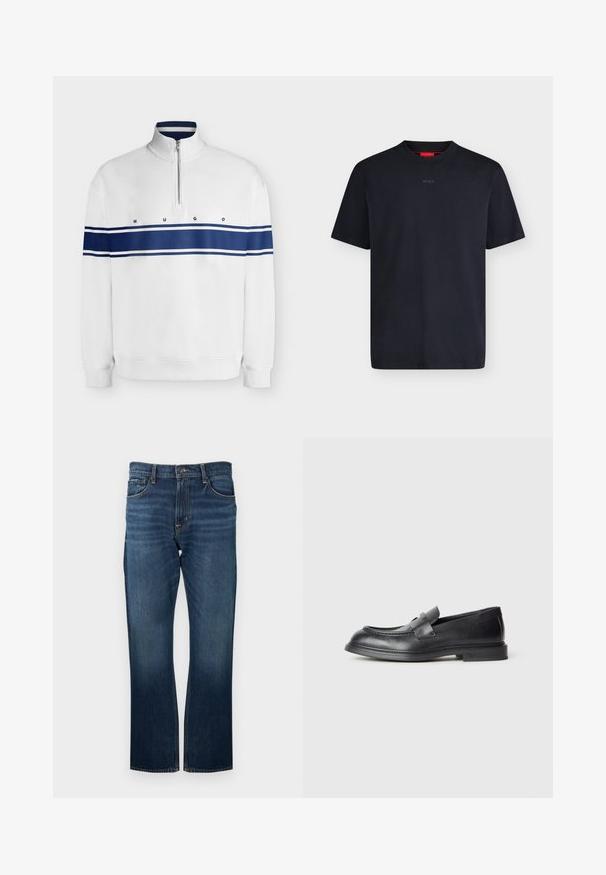 Pull blanc à manches longues avec bande horizontale bleu marine sur la poitrine et les bras, col à demi-zip et texte "HUGO" centré.; T-shirt noir à manches courtes et col rond avec un logo "HUGO" subtil brodé au centre de la poitrine.; Jean en denim bleu foncé avec une coupe droite, présentant des coutures visibles et une ceinture standard avec une fermeture à bouton en métal.; Mocassins en cuir noir avec une finition texturée, dotés d'une bride décorative à l'avant et d'un bout arrondi. Semelle en caoutchouc pour plus de durabilité.