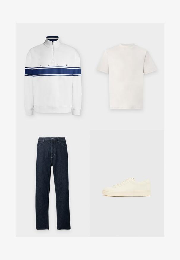 Pull blanc à manches longues avec bande horizontale bleu marine sur la poitrine et les bras, col à demi-zip et texte "HUGO" centré.; T-shirt blanc uni à manches courtes et col rond, présenté à plat sur un fond blanc.; Jean en denim foncé avec une coupe droite, cinq poches, des accents de couture bleue et une fermeture à boutons. Propre, sans motifs visibles.; Baskets couleur crème avec une tige en cuir lisse, bout arrondi, laçage à l'avant et semelle en caoutchouc texturée. Design minimaliste, sans logo.