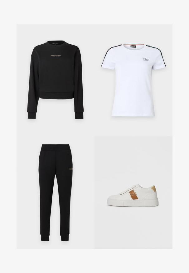 Svart avkortet genser laget av mykt stoff, med lange ermer og rund hals. Gull "Armani Exchange"-logo foran.; Hvit bomulls-T-skjorte med korte ermer, med kontrasterende svarte og grønne striper på skuldrene og en liten EA7-logo på brystet.; Svarte smale joggebukser med elastisk midjebånd og mansjetter, med en liten gullfarget "Armani Exchange"-logo på høyre lår.; Hvit lavtopp sneaker med beige hælpatte, brun lærrem med gullspenne og A|X-merke, samt preget Armani Exchange såle.