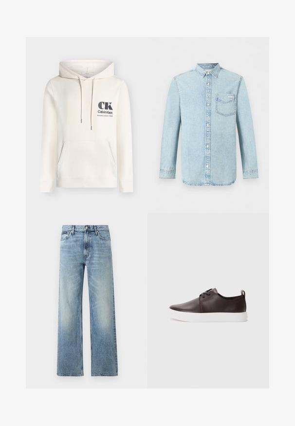 Εκρού hoodie Calvin Klein με μπροστινή τσέπη, ρυθμιζόμενο κορδόνι κουκούλας και μαύρο λογότυπο "CK Calvin Klein Established 1968" στο στήθος.; Μακρυμάνικο πουκάμισο από ανοιχτό μπλε τζιν με κουμπιά μπροστά, μία τσέπη στο στήθος με το λογότυπο Calvin Klein και μυτερό γιακά.; Ανοιχτό μπλε τζιν παντελόνι με ίσια γραμμή και ψηλή μέση, πέντε τσέπες, κούμπωμα με κουμπί και διακριτικό ξεθώριασμα στους μηρούς και τα γόνατα.; Καφέ δερμάτινα αθλητικά παπούτσια με λεία επιφάνεια, λευκή ελαστική σόλα, στρογγυλή μύτη και σχέδιο με κορδόνια. Περιλαμβάνει ετικέτα στο πίσω μέρος.