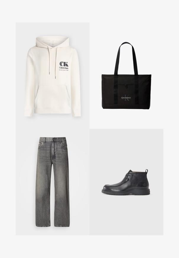 Εκρού hoodie Calvin Klein με μπροστινή τσέπη, ρυθμιζόμενο κορδόνι κουκούλας και μαύρο λογότυπο "CK Calvin Klein Established 1968" στο στήθος.; Τζιν φαρδύ στο πόδι σε σκούρο γκρι τζιν ύφασμα με ξεθωριασμένο φινίρισμα. Διαθέτει κλασικό σχέδιο με πέντε τσέπες και θηλιές για ζώνη.; Μαύρες δερμάτινες μπότες μέχρι τον αστράγαλο με στρογγυλή μύτη, σχέδιο με κορδόνια και λαβή στο πίσω μέρος. Υφή στο πάνω μέρος και ελαστική σόλα.; Μαύρη τσάντα tote Calvin Klein με δύο μακριές λαβές και μπροστινή τσέπη, με το λογότυπο της μάρκας σε λευκό και γκρι.