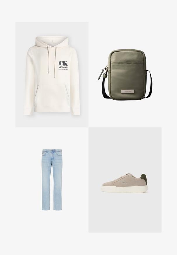 Εκρού hoodie Calvin Klein με μπροστινή τσέπη, ρυθμιζόμενο κορδόνι κουκούλας και μαύρο λογότυπο "CK Calvin Klein Established 1968" στο στήθος.; Ανοιχτό μπλε τζιν ίσιας γραμμής με μπροστινό κουμπί, κλείσιμο με φερμουάρ και σχέδιο με πέντε τσέπες, εμφανιζόμενο σε λευκό φόντο.; Μπεζ σουέτ αθλητικά παπούτσια με λευκή καουτσούκ σόλα, με σκούρο πράσινο τόνισμα στη φτέρνα και διακριτική σήμανση στο πλάι.; Μικρή τσάντα χιαστί σε ελιάς με μπροστινή τσέπη, μαύρο ρυθμιζόμενο λουρί, κλείσιμο με φερμουάρ και πλακέτα με το λογότυπο Calvin Klein.