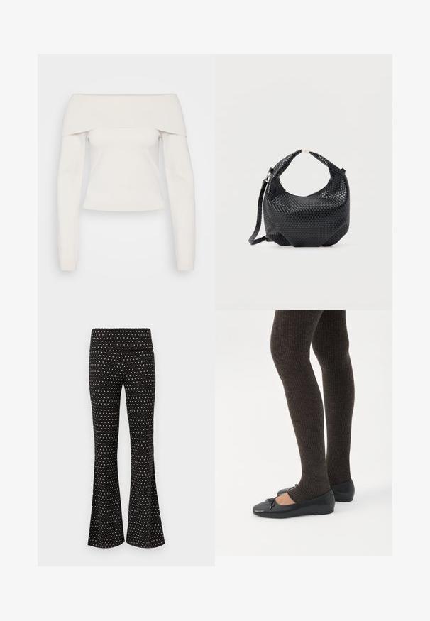 Haut à manches longues sans épaule en tricot blanc doux, avec un col à côtes et un corps ajusté, doté d'une texture lisse et de coutures minimales.; Pantalon noir évasé avec de petits pois blancs, doté d'une large ceinture haute et de fentes latérales aux ourlets.; Jambes portant des leggings côtelés foncés associés à des ballerines noires avec de petits détails en nœud sur fond blanc.; Sac à main en cuir tressé noir avec poignée courte et bandoulière amovible, présenté sur un fond clair uni.