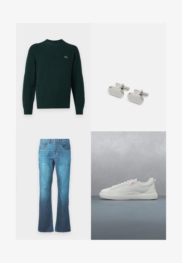 Pull en tricot vert foncé avec un col rond, des poignets et un ourlet côtelés, comportant un petit logo brodé sur le côté gauche de la poitrine.; Jeans en denim lavé bleu moyen avec un léger évasement en bas, design classique à cinq poches, et fermeture à bouton et à zipper à l'avant.; Sneaker blanche avec une finition en cuir lisse, bout rond, quatre œillets, perforations subtiles et un détail de logo rouge sur le côté.; Chaussettes en argent avec une forme ovale présentant un logo "HUGO" en relief. Fabriquées en métal poli, elles ont un design minimaliste et une texture lisse.