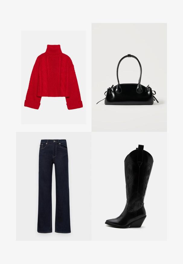 Even&Odd by Zalando Πουλόβερ - red; Σκούρα μπλε τζιν παντελόνια με ίσια πόδια, κλείσιμο με κουμπί, ζώνες, και πέντε τσέπες, εκτεθειμένα σε λευκό φόντο.; Μαύρη δερμάτινη καουμπόικη μπότα με μυτερή μύτη, κεκλιμένο τακούνι τύπου μπλοκ, διακοσμητική ραφή και θηλιές στην κορυφή με φόντο το λευκό.; Μικρή μαύρη γυαλιστερή τσάντα με δύο μακριές λαβές και λεπτομέρειες με ρυθμιζόμενο κορδόνι στο πλάι σε απλό ανοιχτό φόντο.