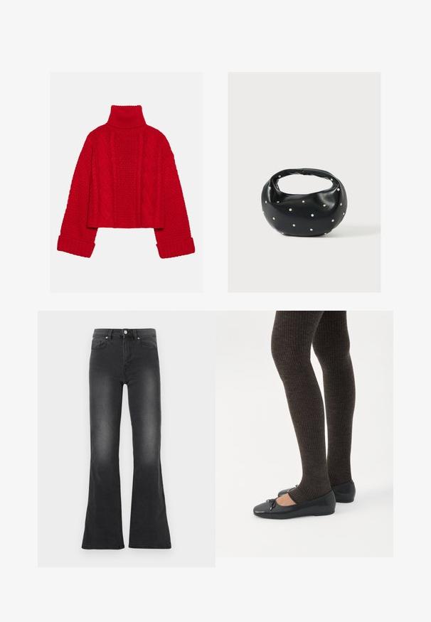 Even&Odd by Zalando Pullover - red; Jean flare noir en denim avec une finition délavée, doté d'une fermeture à bouton, d'un design à cinq poches et d'une taille haute.; Jambes portant des leggings côtelés foncés associés à des ballerines noires avec de petits détails en nœud sur fond blanc.; Sac à main en cuir noir de forme arrondie, décoré de clous argentés et équipé d'une poignée courte. Texture lisse et fermeture éclair.