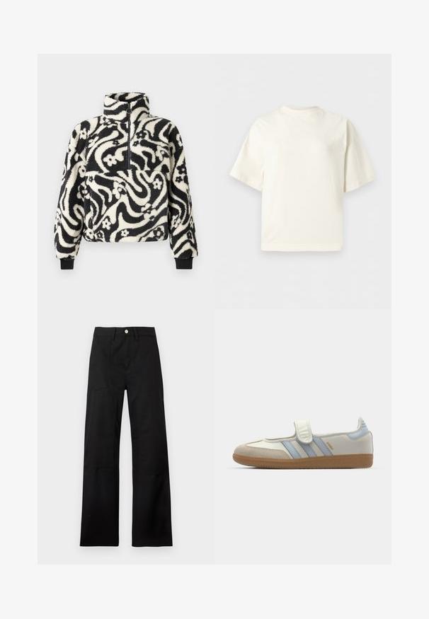 Pull-over en polaire noir et blanc avec un col haut, décoré d'un motif floral tourbillonnant et de manches à bords côtelés. Fermeture éclair à l'avant.; T-shirt basique blanc cassé à manches courtes et col rond, coupe décontractée avec un logo discret sur la poitrine, côté gauche.; Pantalons noirs taille haute à jambes larges avec passants de ceinture, fermeture par bouton argenté et détails de coutures visibles sur les panneaux avant.; adidas Originals SAMBA JANE BALLERINA - Babies - cloud white/halo blue