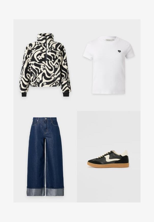 Pull-over en polaire noir et blanc avec un col haut, décoré d'un motif floral tourbillonnant et de manches à bords côtelés. Fermeture éclair à l'avant.; T-shirt blanc à manches courtes avec col rond, petit logo cœur noir sur le côté gauche de la poitrine et étiquette de marque visible à l’intérieur du col.; Jean large en denim bleu foncé à taille haute, design à cinq poches, et revers pliés dévoilant le tissu intérieur plus clair.; Baskets en daim et cuir noir avec un swoosh latéral crème et un talon crème clair. Dotées de lacets beige et d'une semelle en caoutchouc gomme.