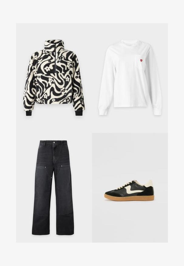 Pull-over en polaire noir et blanc avec un col haut, décoré d'un motif floral tourbillonnant et de manches à bords côtelés. Fermeture éclair à l'avant.; T-shirt blanc à manches longues avec col rond et poche poitrine, présentant un petit logo rouge en forme de cœur sur le côté droit.; Pantalon noir ample avec grandes pièces renforcées à l'avant, passants pour ceinture, fermeture par boutons et poches latérales sur un fond clair uni.; Baskets en daim et cuir noir avec un swoosh latéral crème et un talon crème clair. Dotées de lacets beige et d'une semelle en caoutchouc gomme.