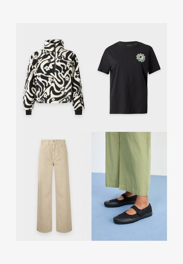 Pull-over en polaire noir et blanc avec un col haut, décoré d'un motif floral tourbillonnant et de manches à bords côtelés. Fermeture éclair à l'avant.; T-shirt noir à manches courtes avec un petit symbole yin-yang vert clair entouré d’un motif tourbillonnant sur le haut gauche de la poitrine.; Pantalon beige taille haute à jambes larges avec bouton frontal, fermeture éclair et poches latérales, présenté sur un fond blanc uni.; Baskets noires en toile avec un bout arrondi, une semelle en caoutchouc et une sangle à boucle. Associées à un pantalon ample de couleur vert clair.