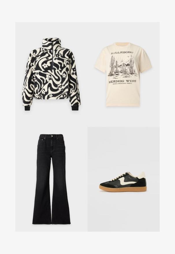 Pull-over en polaire noir et blanc avec un col haut, décoré d'un motif floral tourbillonnant et de manches à bords côtelés. Fermeture éclair à l'avant.; T-shirt beige avec une scène de désert noire représentant des cactus, des montagnes et des oiseaux, étiqueté "Billabong Heading West Since Seventy Three."; Jean noir taille haute à jambes larges avec fermeture devant par bouton et zip, passants de ceinture, et design cinq poches sur fond blanc uni.; Baskets en daim et cuir noir avec un swoosh latéral crème et un talon crème clair. Dotées de lacets beige et d'une semelle en caoutchouc gomme.
