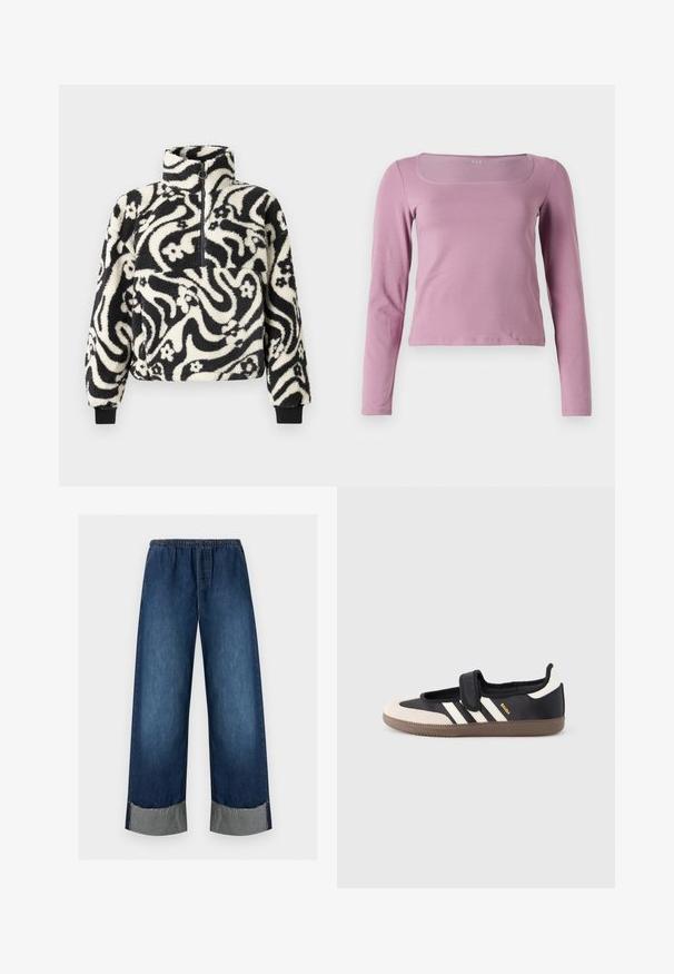 Pull-over en polaire noir et blanc avec un col haut, décoré d'un motif floral tourbillonnant et de manches à bords côtelés. Fermeture éclair à l'avant.; T-shirt à manches longues de couleur rose clair, avec un col carré, une coupe ajustée et un tissu lisse et extensible. Style simple et polyvalent.; Jean en denim bleu foncé à jambes larges avec taille élastique, cordon de serrage et ourlets retroussés effilochés.; Baskets noires et beiges avec une bride en velcro, trois bandes blanches sur le côté, et une semelle en caoutchouc marron texturée. Logo de la marque visible.