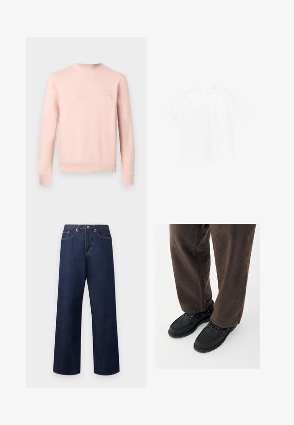 Sweat-shirt rose clair à col rond avec manches longues, poignets et ourlet côtelés, et un discret patch logo sur la poitrine gauche.; T-shirt à col ras du cou à manches courtes en coton blanc uni. Coupe standard avec un design simple et sans motifs ni accents visibles.; Jean denim bleu foncé à jambes larges avec cinq poches, fermeture à bouton, et coutures contrastantes, présenté sur un fond clair uni.; Chaussures en cuir noir avec une finition lisse, bout arrondi et design à lacets, associées à un pantalon marron texturé. Vue en contre-plongée.