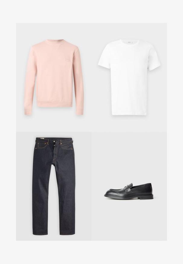 Sweat-shirt rose clair à col rond avec manches longues, poignets et ourlet côtelés, et un discret patch logo sur la poitrine gauche.; T-shirt en coton blanc uni à manches courtes avec col rond, présenté à plat sur un fond gris clair.; Jean en denim bleu foncé à coupe droite, avec des coutures orange et un style classique à cinq poches. Fermeture par bouton et braguette à glissière.; Mocassins en cuir noir avec une finition texturée, dotés d'une bride décorative à l'avant et d'un bout arrondi. Semelle en caoutchouc pour plus de durabilité.