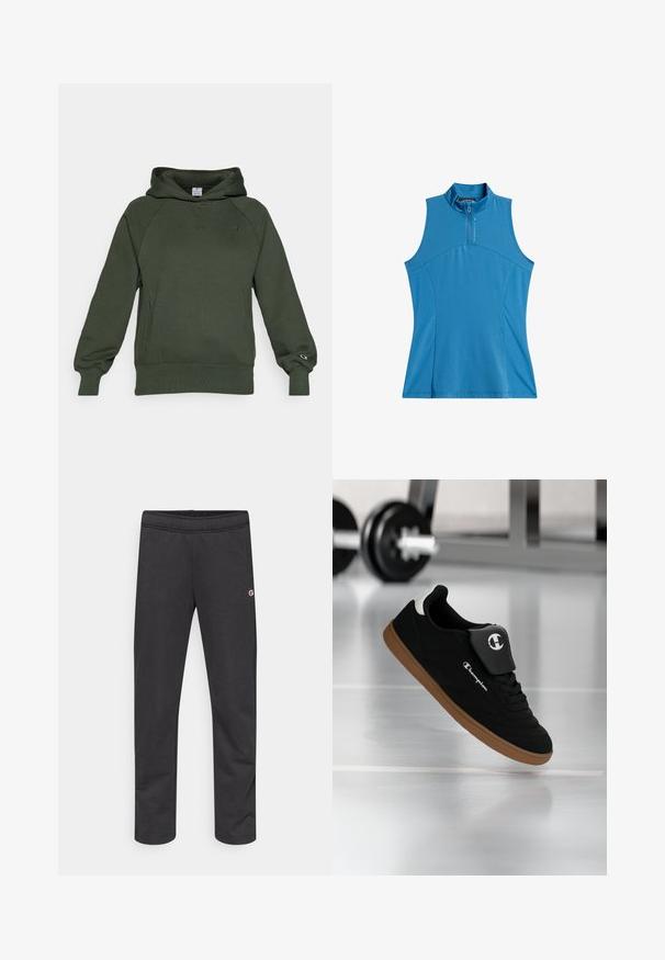 Mørkegrøn hættejakke lavet af blødt stof, med en frontlomme i kangaroo-stil, ribbede manchetter og et lille logo på brystet.; Blå ærmeløs atletisk top med høj krave, halv lynlås og teksturerede stofpaneler. Enkel design med en tætsiddende silhuet.; Sorte bomuldsjoggingbukser med elastisk talje og et lille logo på siden. Glat tekstur, tilspidset design, ingen ekstra mønstre.; Sort og brun Champion-sneakers svævende i luften i et fitnessmiljø med en sløret vægtstang i baggrunden.
