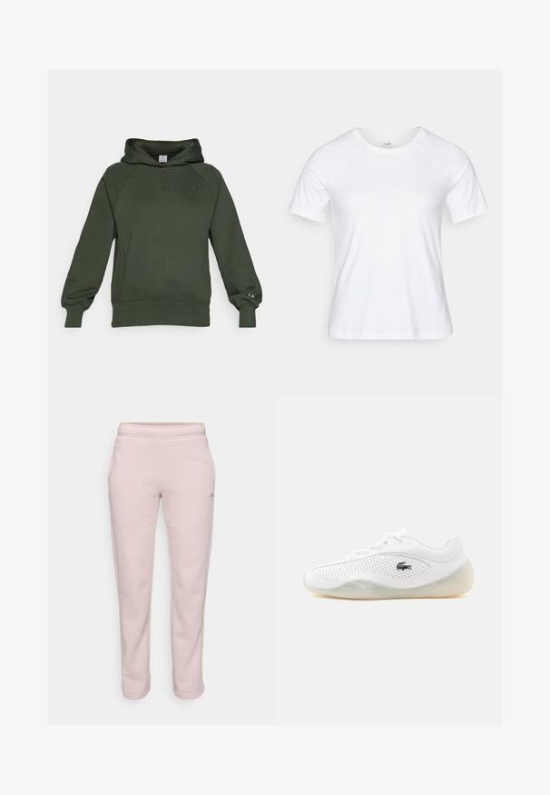 Donkergroene hoodie van zacht materiaal, met een voorzak in kangoeroestijl, geribbelde manchetten en een klein logo op de borst.; Witte t-shirt met korte mouwen, gemaakt van een zachte katoenmix, met een ronde halslijn en raglanmouwen, gladde textuur zonder patronen.; Lichtroze sweatpants van zachte stof, met een ontspannen pasvorm, elastische tailleband en zijzakken. Geen zichtbare patronen of hardware.; Witte lage sneaker met geperforeerde zijkanten, een doorschijnende zool, veters en een klein zwart krokodillenlogo aan de buitenkant.
