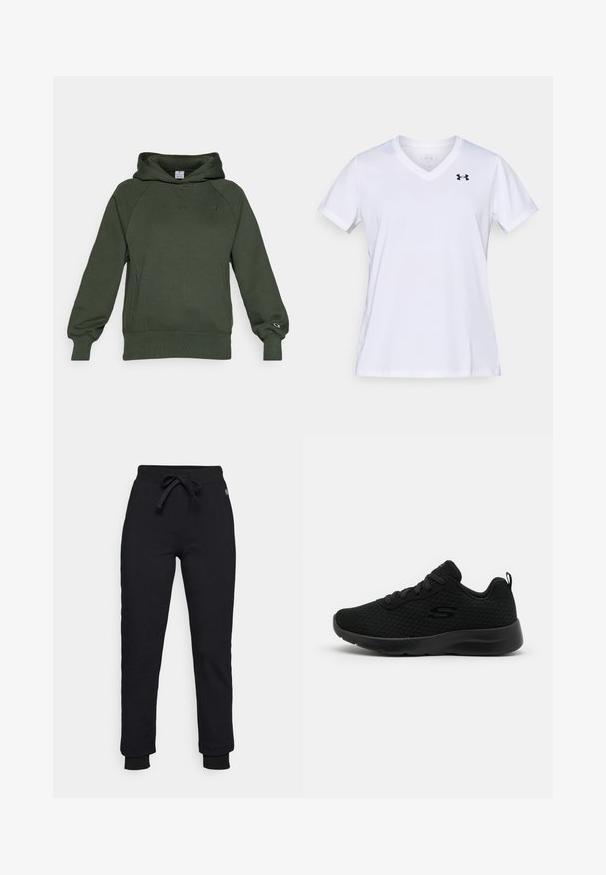 Mørkegrøn hættejakke lavet af blødt stof, med en frontlomme i kangaroo-stil, ribbede manchetter og et lille logo på brystet.; Hvid T-shirt med korte ærmer og V-udskæring, lavet af bomuldsblanding med en sort logo øverst til venstre. Glat tekstur og almindelig pasform.; Sorte sweatsbukser med snor i taljen, ribbede manchetter og et diskret logo-patch på hoften. Fremstillet af blødt, strækbart materiale.; Sorte atletiske sneakers med en mesh overdel, polstret krave, snørebåndsdesign og en tekstureret gummisål. Enkel og strømlinet silhuet.