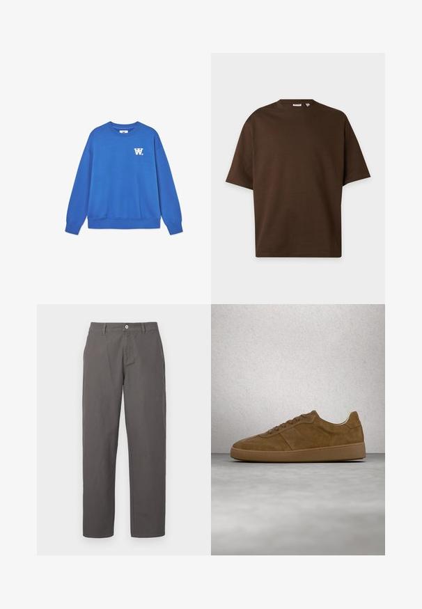Sweatshirt bleu à col rond en coton doux, avec un logo blanc sur la poitrine gauche et des poignets et un ourlet à bords côtes. Texture lisse.; T-shirt marron uni à manches courtes et col rond présenté sur un fond plat gris clair.; Pantalons en coton gris au design droit, avec fermeture à bouton à l'avant, fermeture à glissière et poches latérales. Texture lisse, sans motifs.; Baskets en daim marron avec des lacets couleur fauve et une semelle en caoutchouc. Présente un bout arrondi et des détails cousus sur la tige. Design léger.