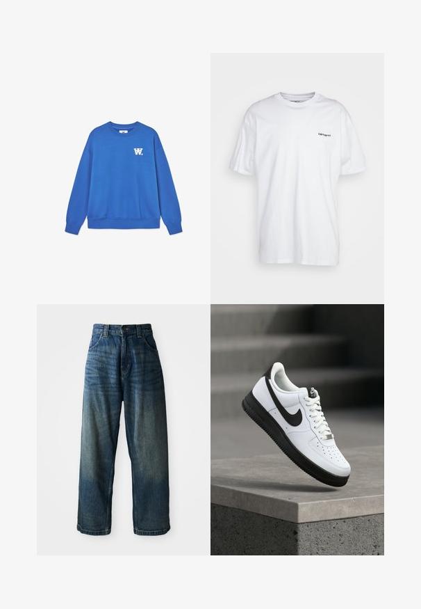 Blå crewneck sweatshirt lavet af blødt bomuld, med et hvidt logo på venstre bryst og ribbede manchetter og kant. Glat tekstur.; Hvid bomulds t-shirt, kortærmet, rund halsudskæring, med et lille sort logo på venstre bryst. Glat tekstur, lige kant.; Bredde ben blå denimjeans med en falmet finish. Har fem lommer, knaplukning og kontrasterende syninger. Tyk stof.; Hvid lædersneaker med sorte detaljer, rundet tå og perforerede detaljer. Sort gummisål med tekstureret mønster og snørelukning.
