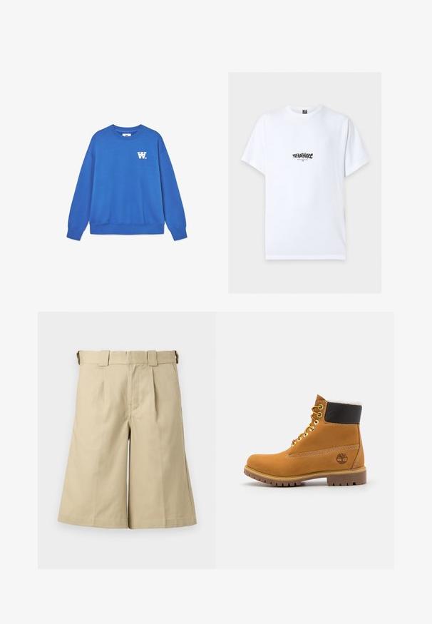 Blauwe crewneck sweatshirt van zacht katoen, met een wit logo op de linkerkant van de borst en geribbelde boorden en zoom. Glad textuur.; Wit T-shirt met korte mouwen met zwart "The North Face" logo en "Never Stop Exploring" tekst gecentreerd op de borst.; Beige knielange shorts met geplooide voorkant, riemlussen, steekzakken aan de zijkant en een strak, op maat gemaakt ontwerp.; Bruine leren enkellaars met metalen oogjes, witte faux bont voering, zwarte gewatteerde kraag, robuuste zool en een reliëflogo aan de zijkant.