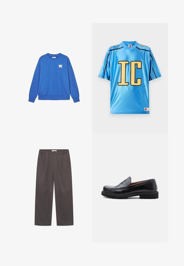 Blauwe crewneck sweatshirt van zacht katoen, met een wit logo op de linkerkant van de borst en geribbelde boorden en zoom. Glad textuur.; Felblauw sportshirt met korte mouwen, met grote gele letters "IC" en zwarte biezen op de schouders en zijkanten.; Grijze, wijde broek van soepel stof, met een knoopsluiting en twee zijzakken. Eenvoudig, strak ontwerp zonder zichtbare patronen.; Zwarte leren penny loafer met chunky rubberen zool en moc-toe stiksel, in profiel weergegeven op een witte achtergrond.