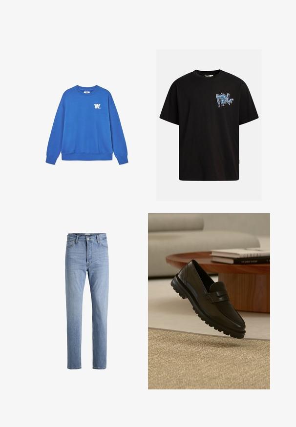 Blå crewneck sweatshirt lavet af blødt bomuld, med et hvidt logo på venstre bryst og ribbede manchetter og kant. Glat tekstur.; Sort bomuld t-shirt med løs pasform, der præsenterer blå dryppende grafisk tekst på fronten. Korte ærmer og rund halsudskæring.; Lyseblå højtaljede jeans med lige ben, forreste knap, lynlås, bæltestropper samt lommer foran og bagpå.; Sort læderloafer med kraftig slidstærk sål, der svæver over et tekstureret beige tæppe, et rundt træ-sofabord og stablede bøger i baggrunden.